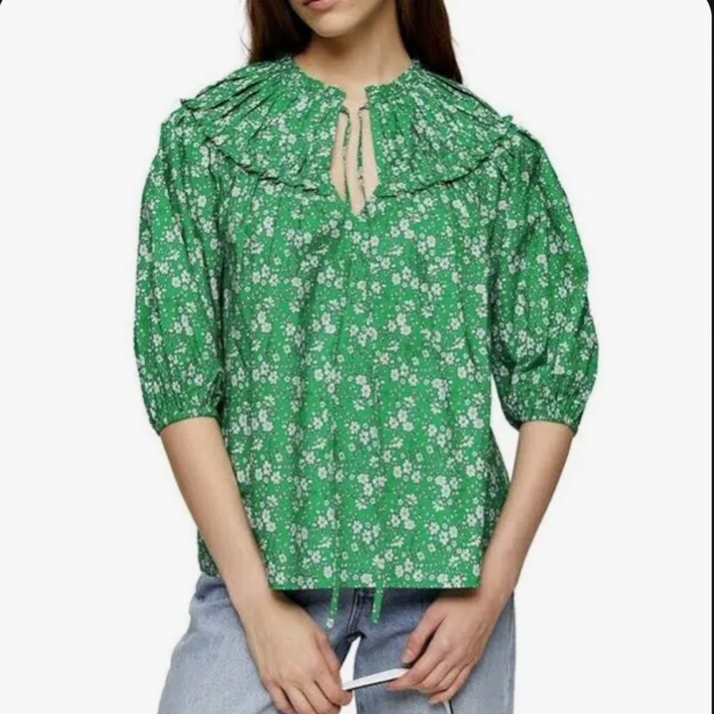 Topshop Green Floral Three Quarter Puff Sleeve Keyhole Blouse- Size 6